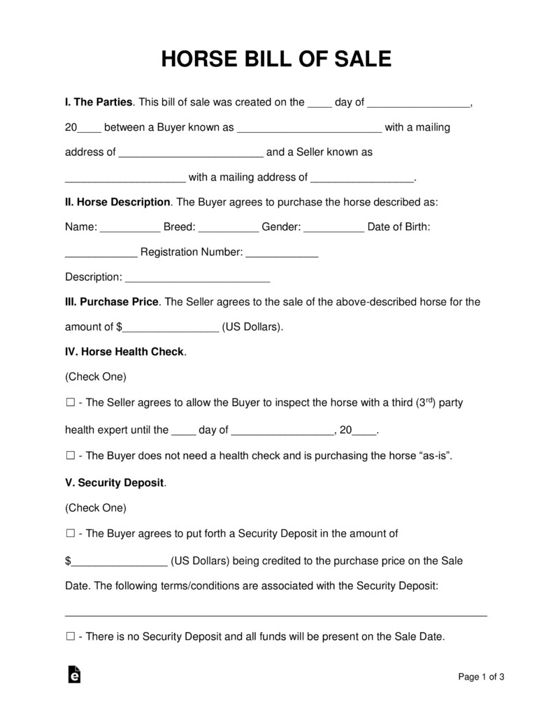 Free Horse Bill of Sale Form Word PDF