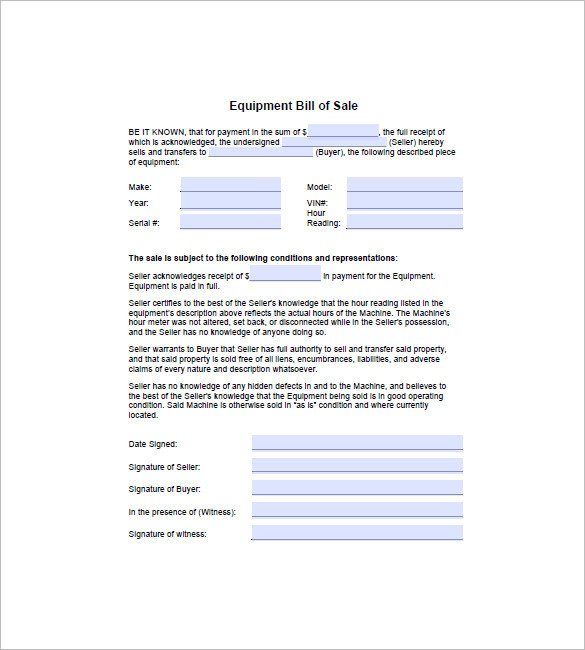 Equipment Bill of Sale – 8 Free Sample Example Format