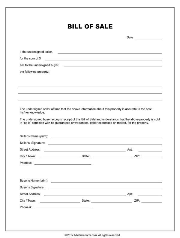 Printable Sample Equipment Bill Sale Template Form