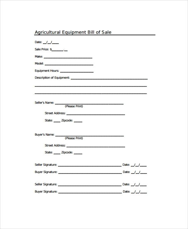 Sample Equipment Bill of Sale 6 Documents in PDF Word