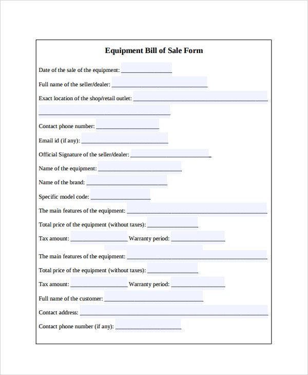Sample Equipment Bill of Sale 6 Documents in PDF Word