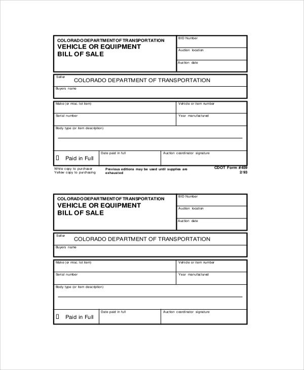 Sample Generic Bill of Sale 7 Documents in PDF Word