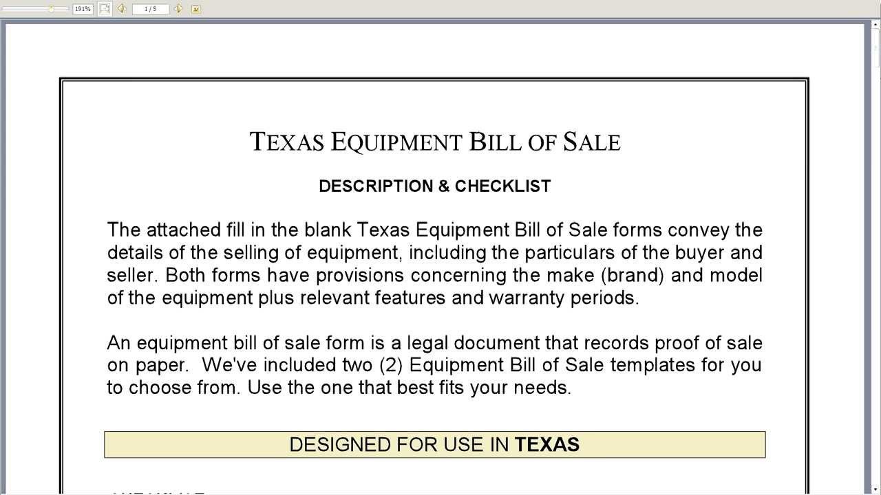 Free Printable Equipment Bill Sale Template Form GENERIC