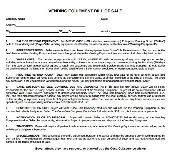 Sample Equipment Bill of Sale Template 7 Free Documents