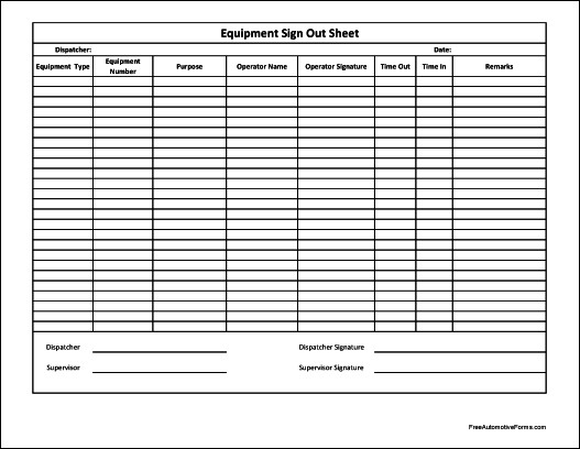 Free Basic Equipment Sign Out Sheet Supervisor Signature