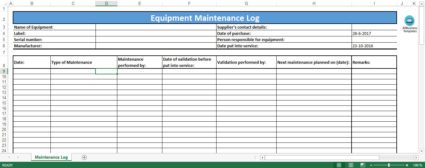 Equipment Maintenance Log Excel template