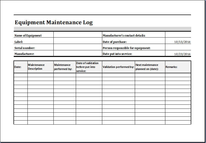 Equipment Maintenance Log Template MS Excel