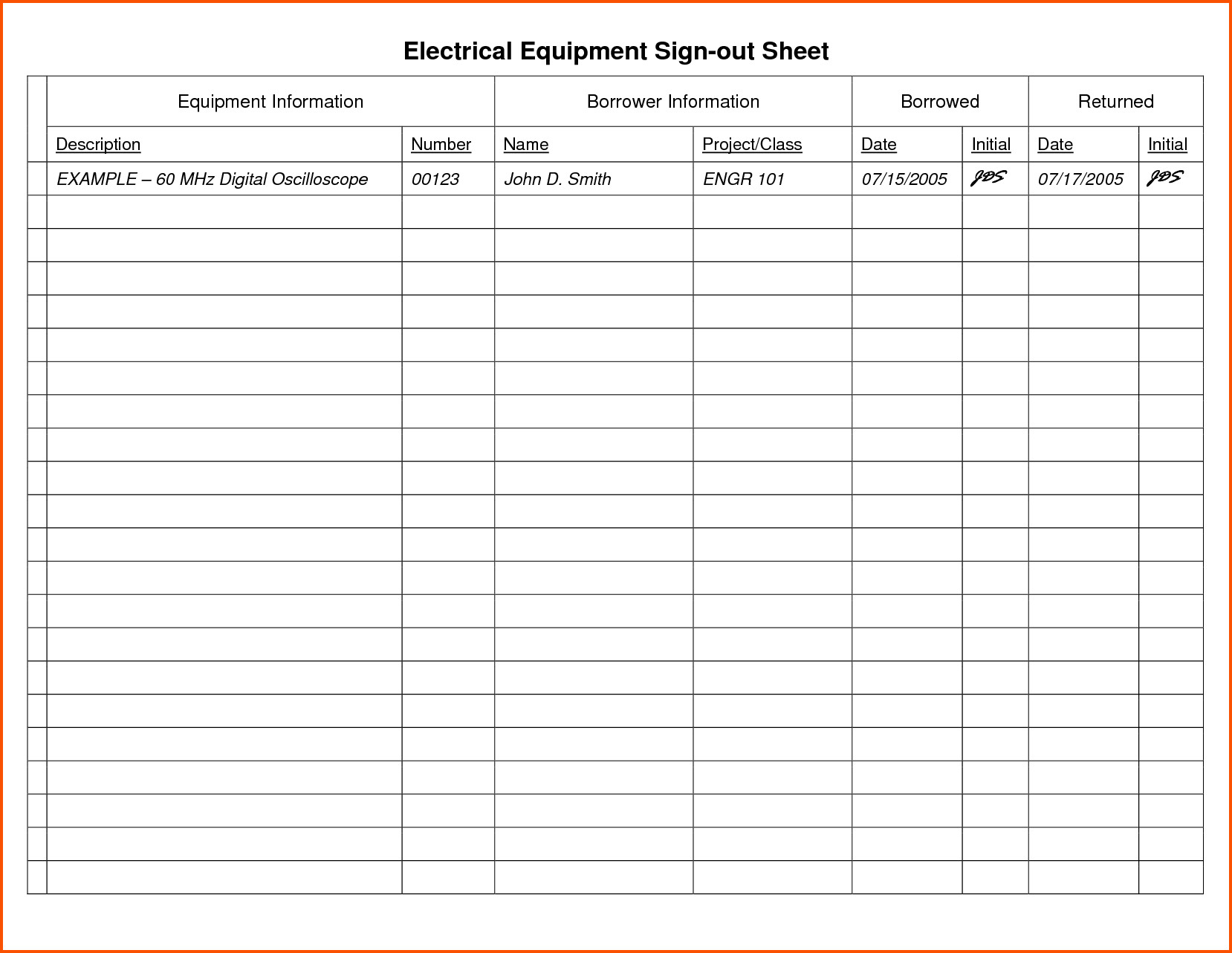 14 equipment sign out sheet