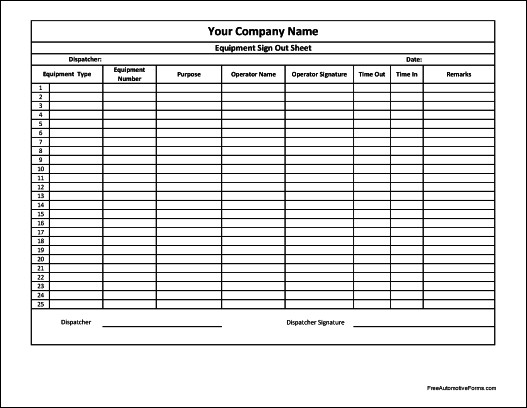 Free Personalized Equipment Sign Out Sheet Numbered