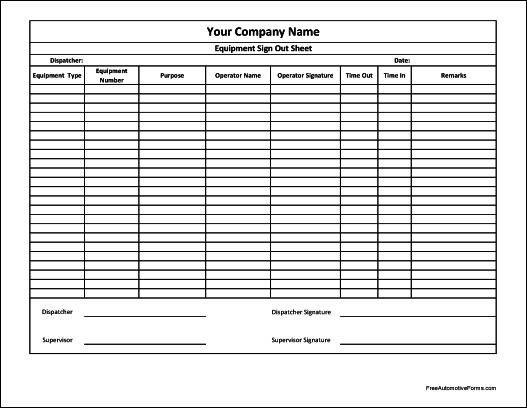 Free Personalized Equipment Sign Out Sheet Supervisor