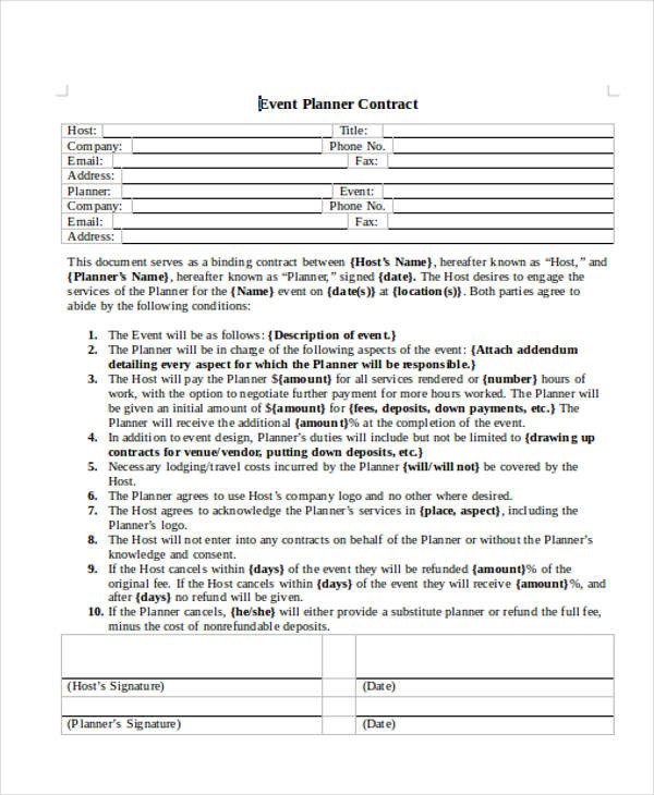 Event Planner Contract Sample 14 Examples in Word PDF