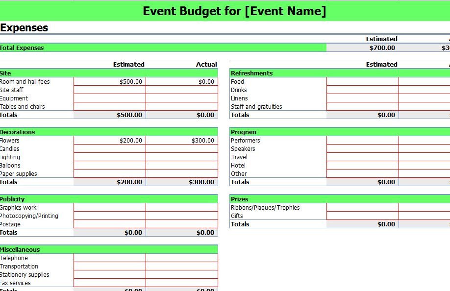 Event Bud ing Excel Template