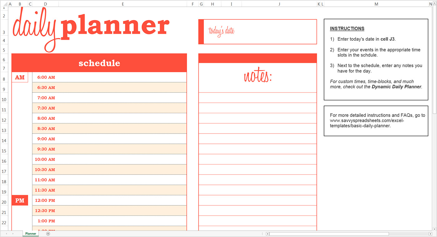 Daily Planner Template Excel