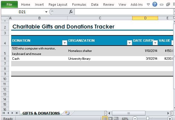 Gifts And Donations Tracker Template For Excel