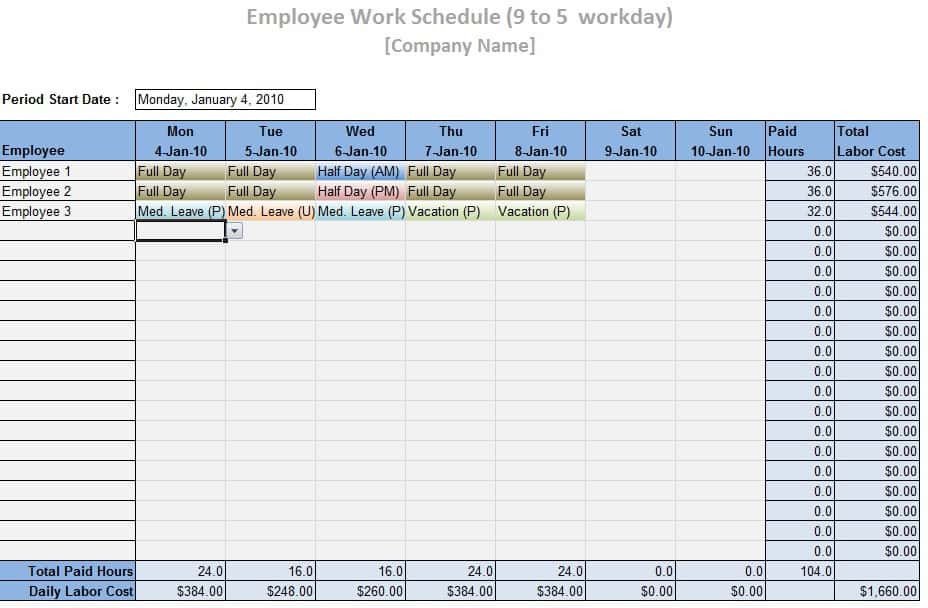 Employee Work Schedule Template Word Excel