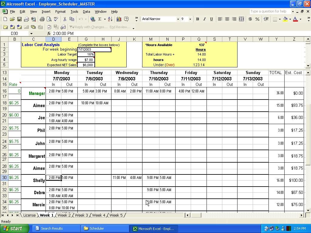 Excel Employee Scheduler