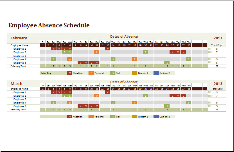 MS Excel Employee Absence Schedule Template