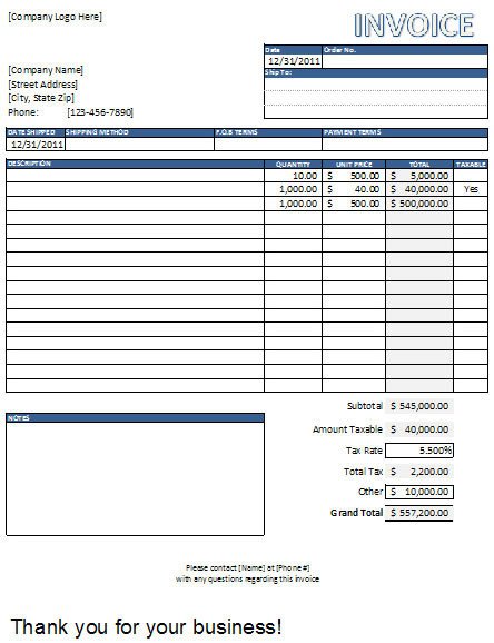Invoice Templates Excel Free Download