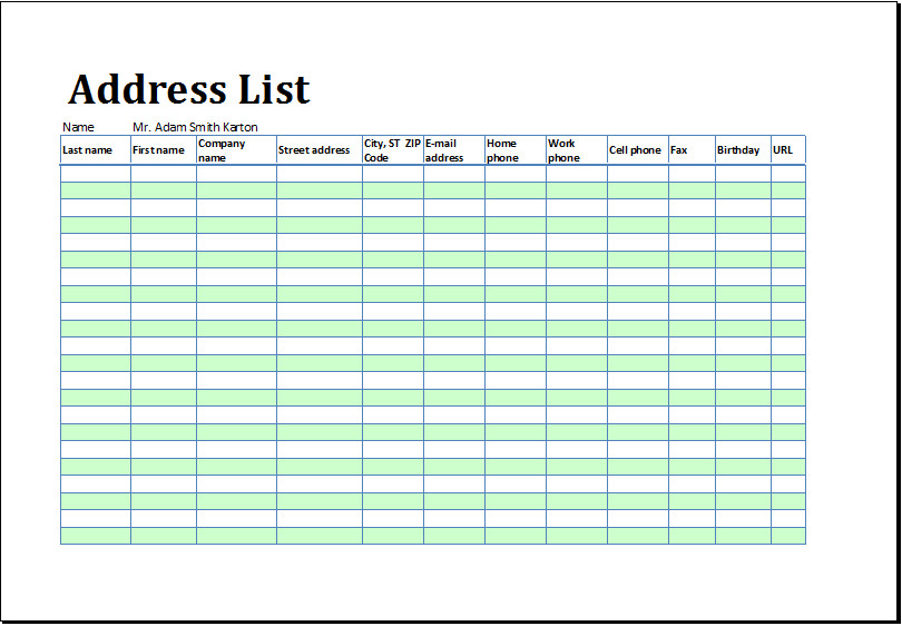 Printable Address List Book Template for MS Excel