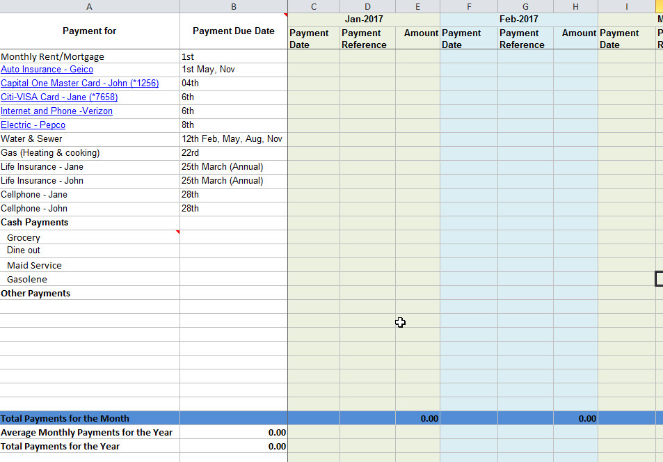 Monthly bill due date and payment tracking template excel
