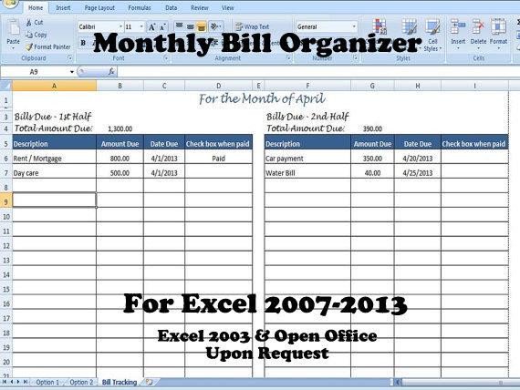 Monthly Bill Organizer Bill Tracker Calculates Total Due