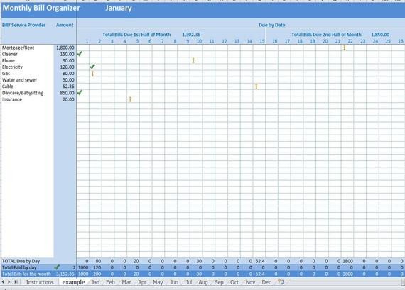 Monthly Bill Organizer Excel Template Payments Tracker by