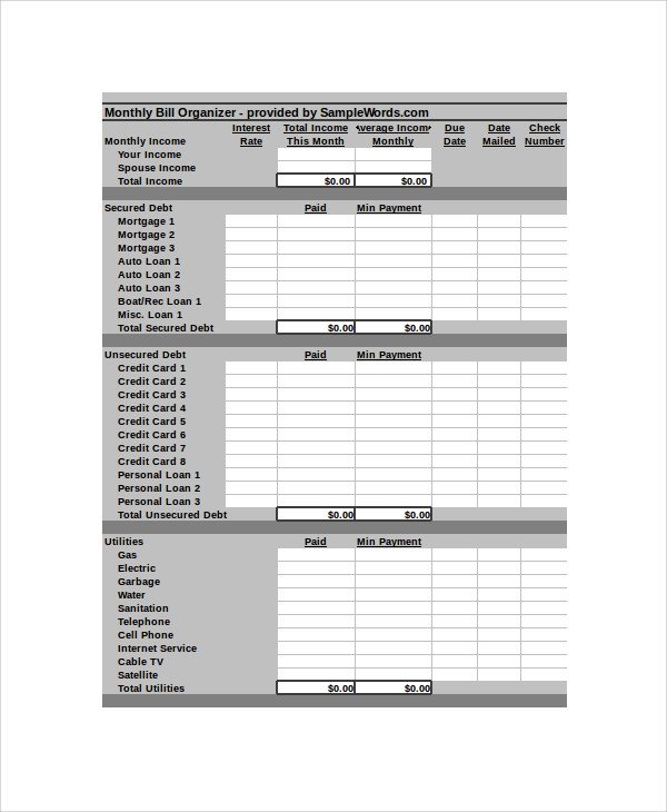 Sample Bill Organizer 9 Examples in PDF Word Excel