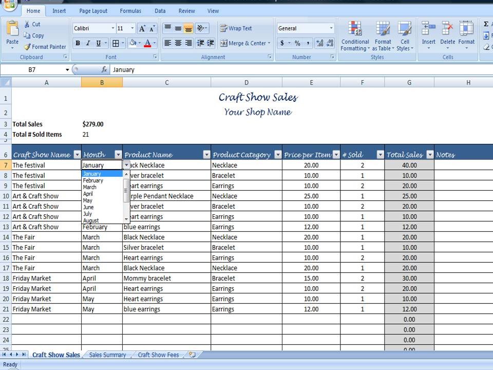 Craft Show Sales Tracker Excel Spreadsheet Template