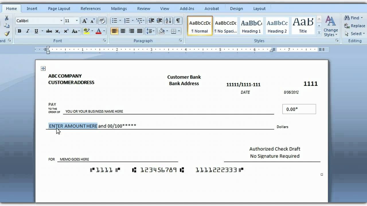 How To Print A Check Draft Template