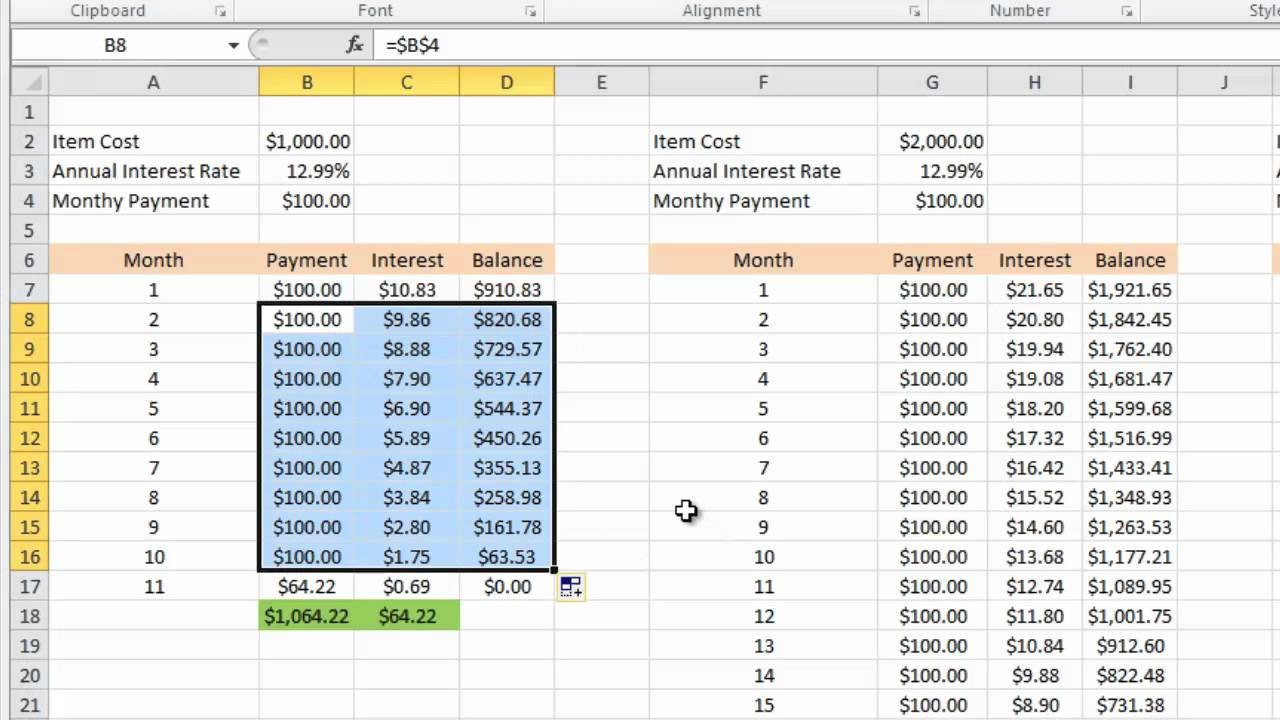 Calculating credit card payments in Excel 2010