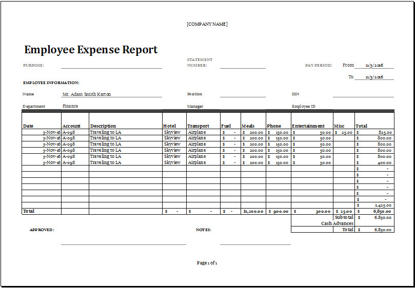 Excel Employee Expense Report Templates