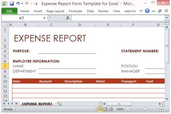 Expense Report Form Template For Excel