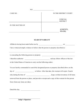 Printable Search Warrant Legal Pleading Template