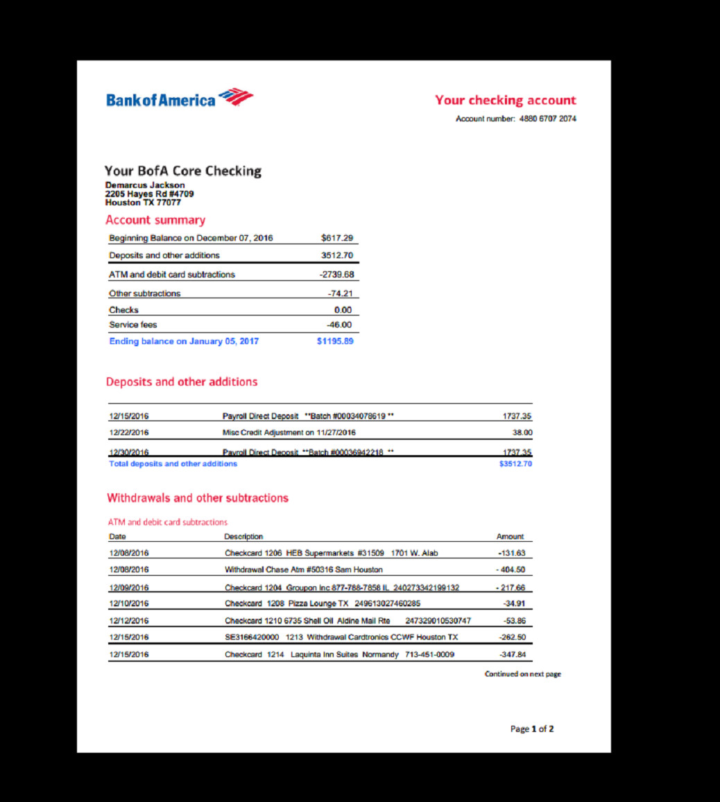 Bank Statement Bank America in 2019