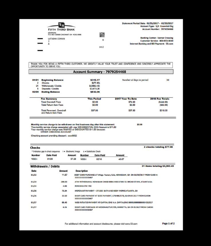 Bank Statement Fifth Third Template Proof of In e