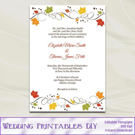 Fall Wedding Invitations Template Diy Autumn Leaves Rustic