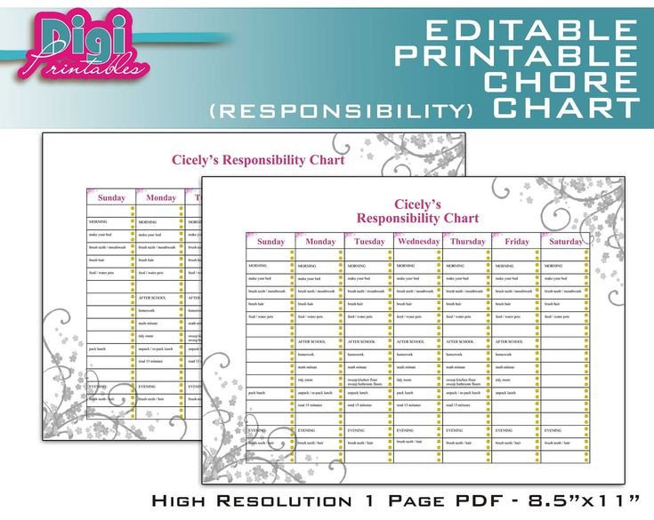 Editable Printable Chore Chart Responsibility Chart 8