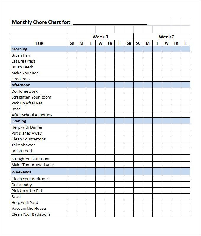 Chore Chart Template Excel