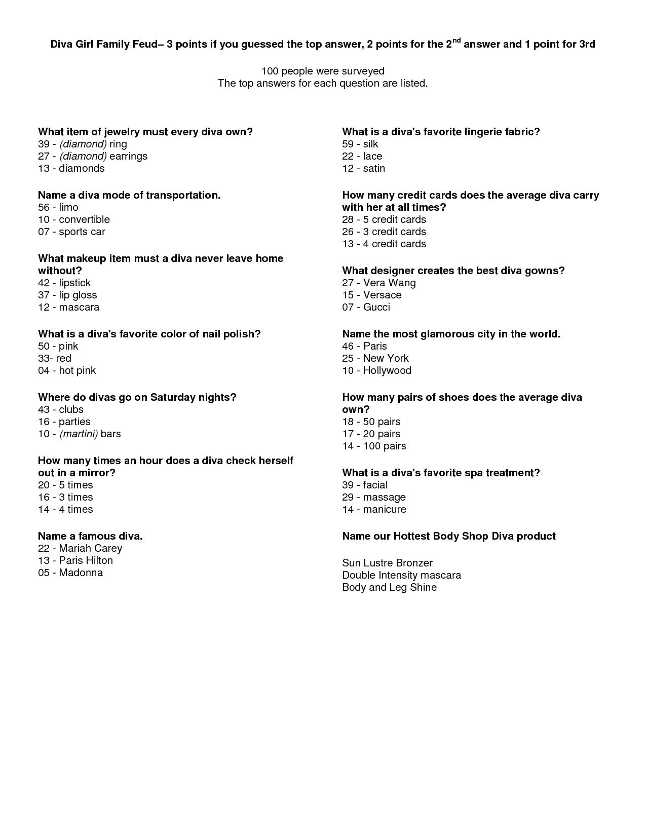 Family Feud Questions And Answers Printable