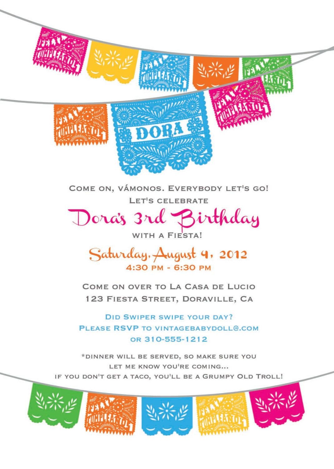 DORA BIRTHDAY Fiesta Invitation cinco de mayo by
