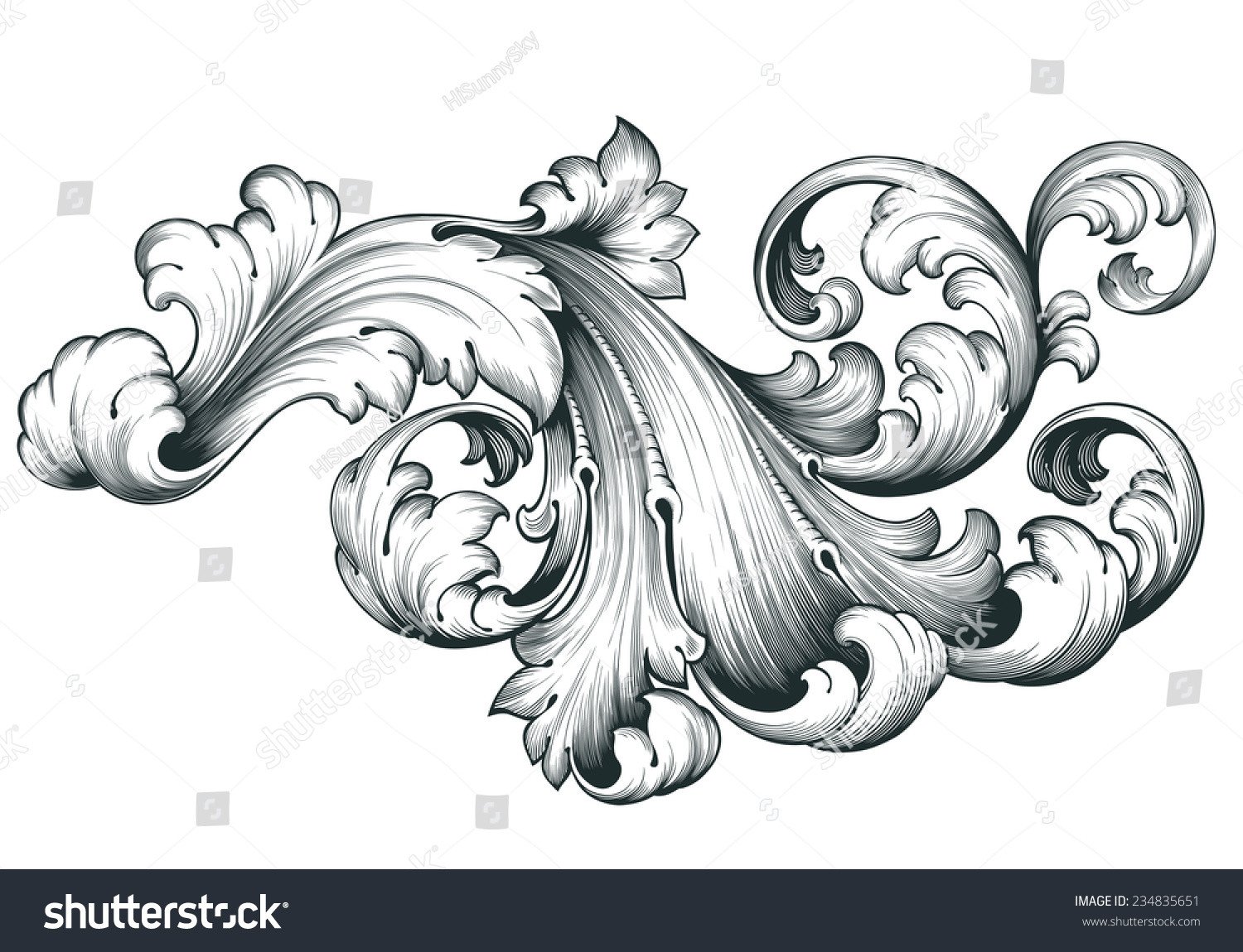 Vintage Baroque Engraving Floral Scroll Filigree Stock