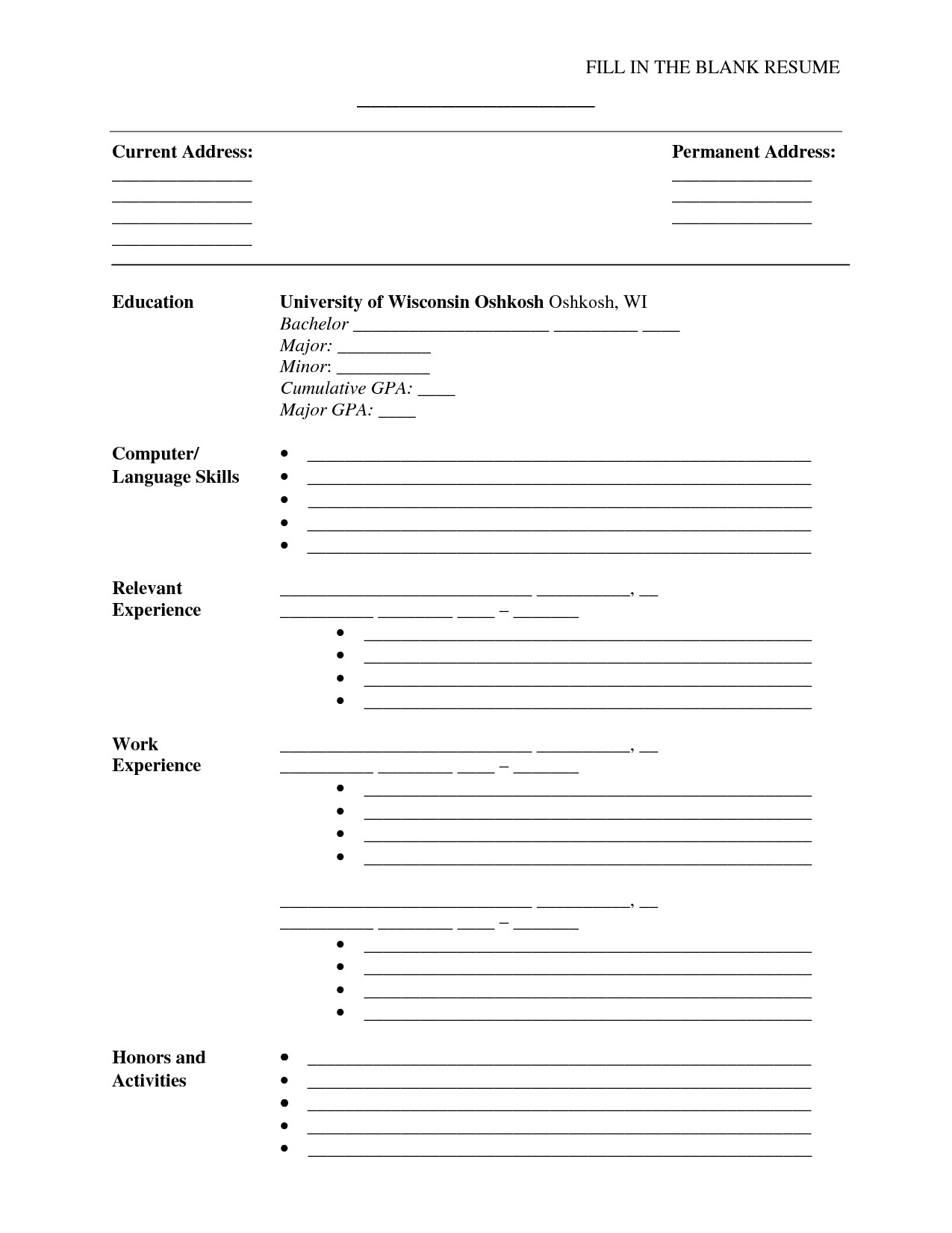 Fill In The Blank Resume PDF umecareer