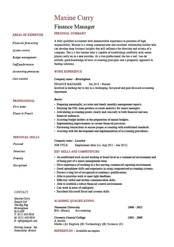 Finance manager resume CV example sample templates