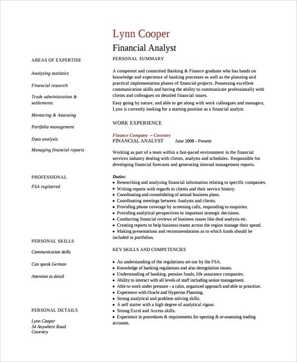 Sample Finance Resume Template 7 Free Documents