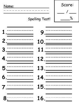 Spelling Test Template 16 Words and lines for Dictation