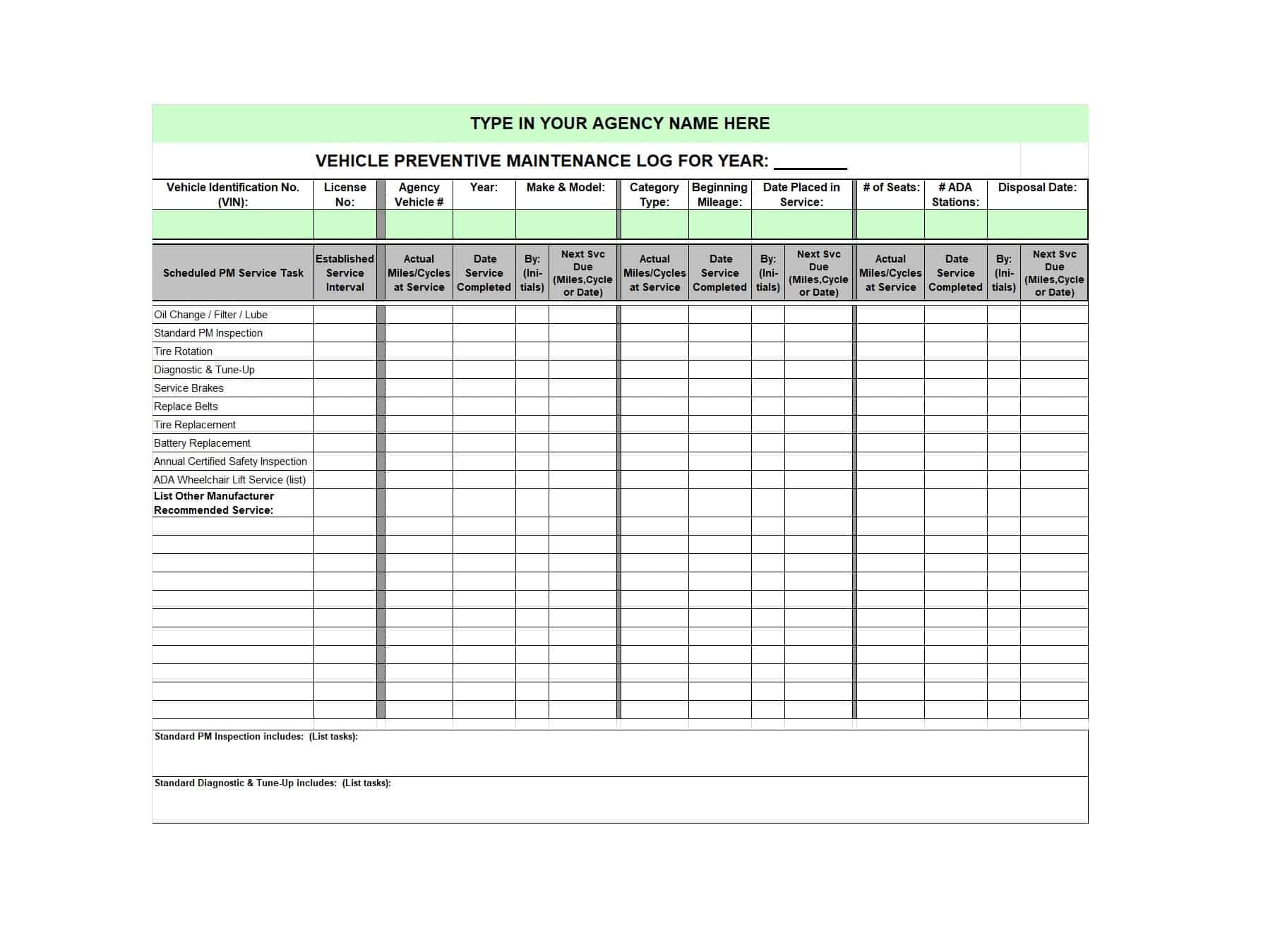 Fleet Vehicle Maintenance Spreadsheet with 40 Printable