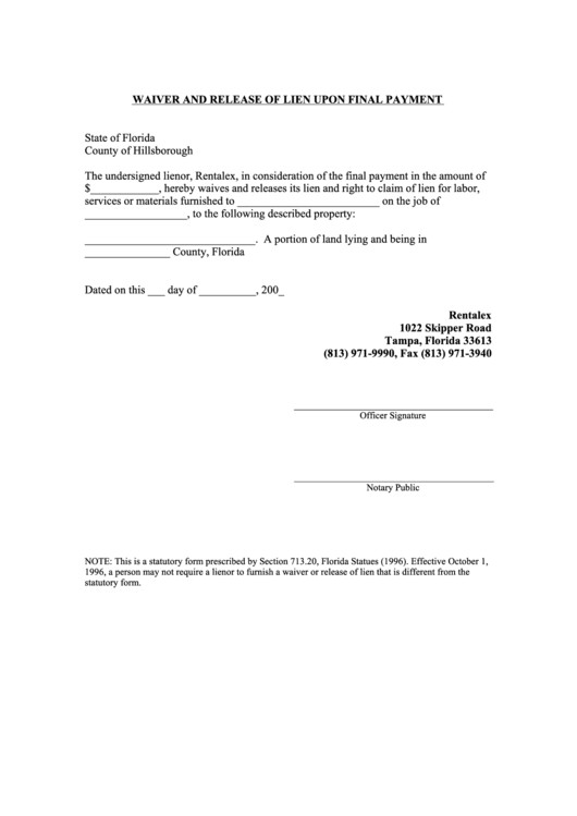 Fillable Waiver And Release Lien Upon Final Payment