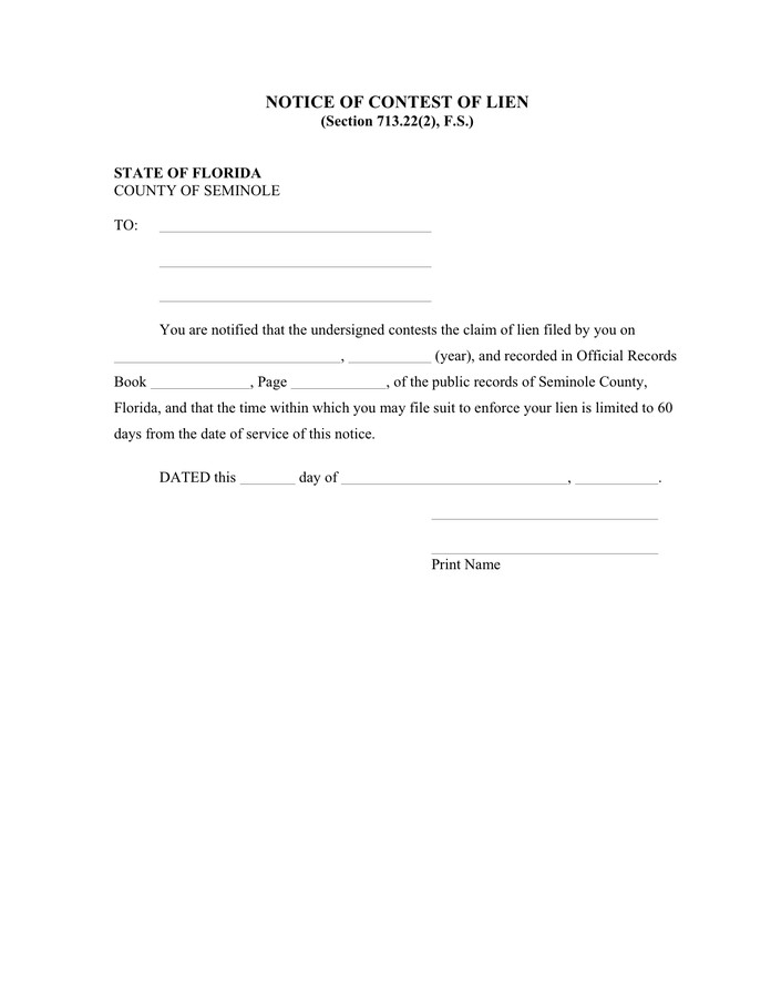 Notice of contest of lien Florida in Word and Pdf formats