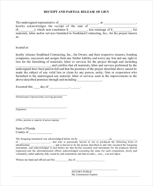 Sample Lien Release Form 9 Examples in PDF Word