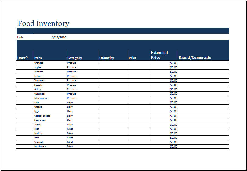 MS Excel Printable Food Inventory List Template